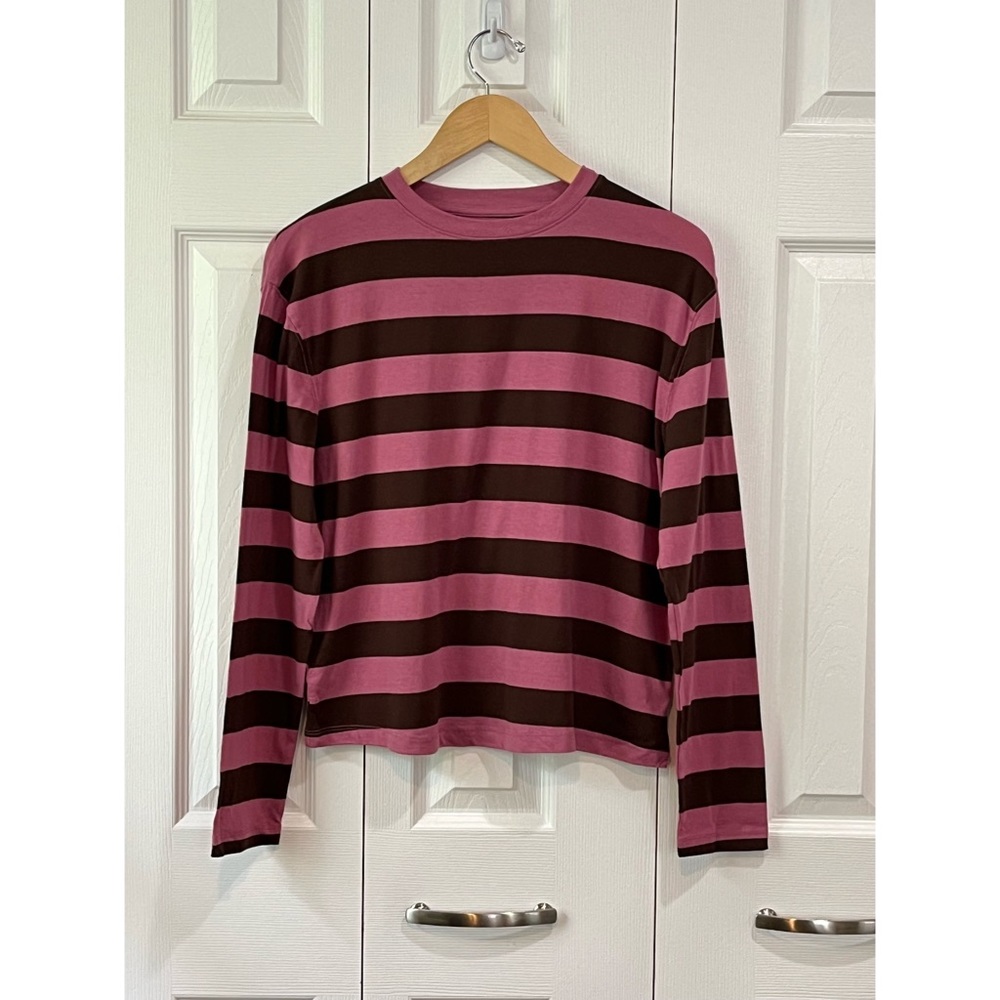 A New Day Stripes Pink & Dark Brown Short Length Long Sleeve Tee S